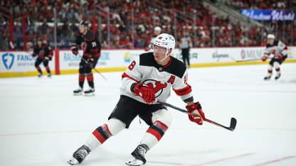 Ondrej Palat #18 of the New Jersey Devils skates during the first period of the game against the Carolina Hurricanes at Lenovo Center on October 09, 2025 in Raleigh, North Carolina. (Photo by Jared C. Tilton/Getty Images)