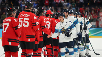 Players of Team Canada and Team Finland shake hands after the Men's Semifinals Playoff match between Canada and Finland on day fourteen of the Milano Cortina 2026 Winter Olympic games at Milano Santagiulia Ice Hockey Arena on February 20, 2026 in Milan, Italy.