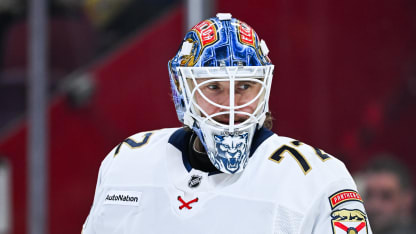 Look on Florida Panthers goalie Sergei Bobrovsky (72) during warm-up before the Florida Panthers versus the Montreal Canadiens game on April 07, 2026, at Bell Centre in Montreal, QC (Photo by David Kirouac/Icon Sportswire via Getty Images)
