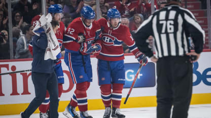 Patrik Laine (92) of the Montreal Canadiens return to his bench after being injured during the first period of the NHL pre-season game between the Toronto Maple Leafs