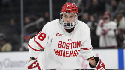 Boston University Terriers defenseman Sascha Boumedienne (78) looks on during the Hockey East semifinal game between the Boston University Terriers and the UConn Huskies on March 20, 2025, at TD Garden in Boston, MA. (Photo by Erica Denhoff/Icon Sportswire via Getty Images)