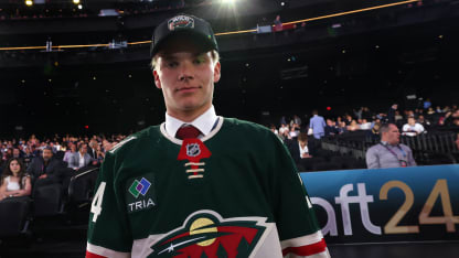 Aron Kiviharju looks on after being selected 122nd overall by the Minnesota Wild during the 2024 Upper Deck NHL Draft Rounds 2-7 at Sphere on June 29, 2024 in Las Vegas, Nevada. (Photo by Dave Sandford/NHLI via Getty Images)