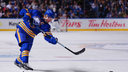 BUFFALO, NEW YORK - MARCH 14: Rasmus Dahlin #26 of the Buffalo Sabres shoots the puck during the second period in an NHL game against the Toronto Maple Leafs on March 14, 2026 at KeyBank Center in Buffalo, New York. (Photo by Bjorn Franke/NHLI via Getty Images)