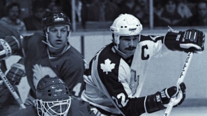 Pat Riggin #1 and Pekka Rautakallio #4 of the Calgary Flames skate against Rick Vaive #22 of the Toronto Maple Leafs during NHL game action on January 20, 1982 at Maple Leaf Gardens in Toronto, Ontario, Canada. (Photo by Graig Abel/Getty Images)