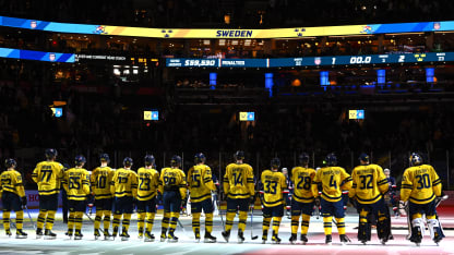 Team Sweden line up at their blue line during postgame ceremonies after their 2-1 win in the 4 Nations Face-Off between Team Sweden and Team United States at TD Garden on February 17, 2025 in Boston, Massachusetts. (Photo by Ben Jackson/4NFO/World Cup of Hockey via Getty Images)