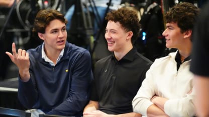Top NHL Draft Prospects Chase Reid, Caleb Malhotra and Carson Carels attend the Vegas Golden Knights practice at City National Arena on June 08, 2026 in Las Vegas, Nevada. (Photo by Brian Babineau/NHLI via Getty Images)