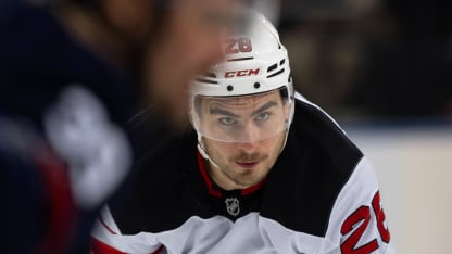 Timo Meier #28 of the New Jersey Devils gets ready for a third period faceoff during a game against the New Jersey Devils at Madison Square Garden on January 09, 2025 in New York City. (Photo by Michael Mooney/NHLI via Getty Images)