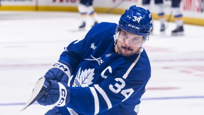 Auston Matthews #34 of the Toronto Maple Leafs shoots on net during warm ups before playing the St. Louis Blues at the Scotiabank Arena on October 24, 2024 in Toronto, Ontario, Canada. (Photo by Kevin Sousa/NHLI via Getty Images)