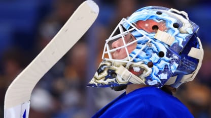 Ukko-Pekka Luukkonen #1 of the Buffalo Sabres tends goal against the Toronto Maple Leafs during an NHL game on April 15, 2025 at KeyBank Center in Buffalo, New York. (Photo by Bill Wippert/NHLI via Getty Images)