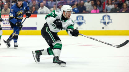 Texas Stars forward Matej Blumel (28) shoots the puck during the first period of the American Hockey League game between the Texas Stars and Cleveland Monsters on March 29, 2025, at Rocket Arena in Cleveland, OH. (Photo by Frank Jansky/Icon Sportswire via Getty Images)