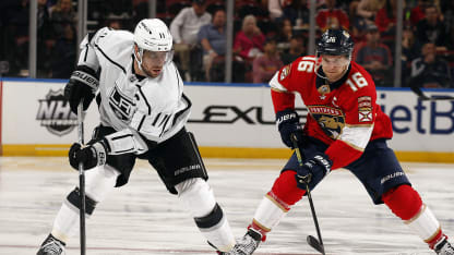 : Anze Kopitar #11 of the Los Angeles Kings skates with the puck against Aleksander Barkov #16 of the Florida Panthers at the BB&T Center on January 16, 2020 in Sunrise, Florida. (Photo by Eliot J. Schechter/NHLI via Getty Images)