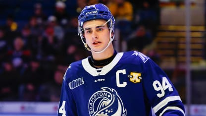 Porter Martone #94 of Brampton skates between periods during a game between Brampton Steelheads and Saginaw Spirit at Dow Event Center on November 30, 2024 in Saginaw, Michigan. (Photo by Michael Miller/ISI Photos/Getty Images)