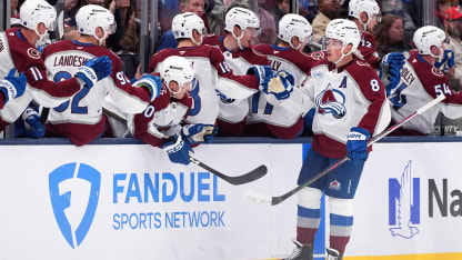 Cale Makar #8 of the Colorado Avalanche celebrates a goal during the second period against the Columbus Blue Jackets at Nationwide Arena on October 16, 2025 in Columbus, Ohio. (Photo by Jason Mowry/Getty Images)