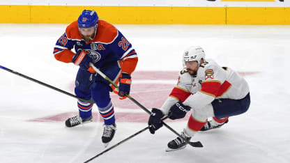 Sam Reinhart #13 of the Florida Panthers skates against Leon Draisaitl #29 of the Edmonton Oilers during the second period in Game Five of the 2025 Stanley Cup Final at Rogers Place on June 14, 2025 in Edmonton, Alberta, Canada. (Photo by Jeff Vinnick/Getty Images)