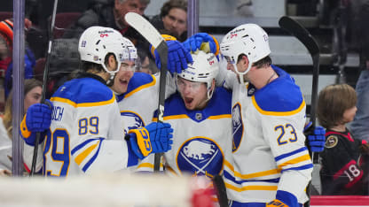 Bowen Byram #4 of the Buffalo Sabres celebrates his overtime goal against the Ottawa Senators on December 23, 2025 at Canadian Tire Centre in Ottawa, Ontario, Canada. (Photo by Andre Ringuette/NHLI via Getty Images)