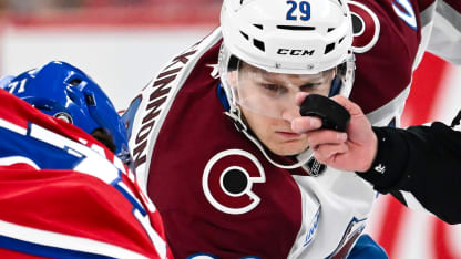 Nathan MacKinnon #29 of the Colorado Avalanche takes a third period faceoff against the Montreal Canadiens at the Bell Centre on March 22, 2025 in Montreal, Quebec, Canada. The Colorado Avalanche defeated the Montreal Canadiens 5-4 in a shootout. (Photo by Minas Panagiotakis/Getty Images)