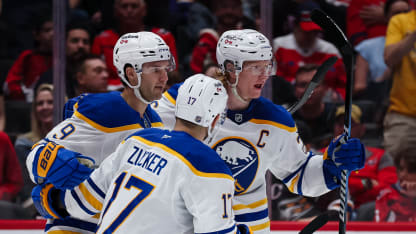 WASHINGTON, DC - APRIL 04: Rasmus Dahlin #26 of the Buffalo Sabres celebrates with teammates after scoring a goal against the Washington Capitals during the first period of the game at Capital One Arena on April 4, 2026 in Washington, DC. (Photo by Scott Taetsch/Getty Images)