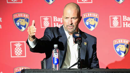 : Bill Zito, General Manager of the Florida Panthers answers a media question at Brady Tkachuk's introductory press conference at FTL War Memorial on June 23, 2026 in Fort Lauderdale, Florida. (Photo by JC Ruiz/Getty Images)