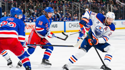 Leon Draisaitl #29 of the Edmonton Oilers skates with the puck against the New York Rangers at Madison Square Garden on March 16, 2025 in New York City. (Photo by Jared Silber/NHLI via Getty Images)