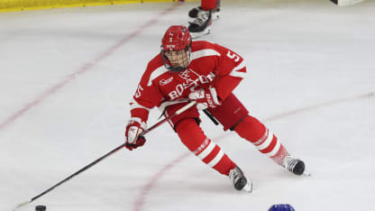 Tom Willander #5 of the Boston University Terriers skates against the UMass Lowell River Hawks during the third period during NCAA men's hockey at the Tsongas Center on November 9, 2024 in Lowell, Massachusetts. The Terriers won 5-2. (Photo by Richard T Gagnon/Getty Images)