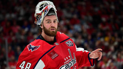 Capitals goalie Logan Thompson (48) rests during a timeout during the Buffalo Sabres versus Washington Capitals National Hockey League game on March 30, 2025 at Capital One Arena in Washington, D.C.. (Photo by Randy Litzinger/Icon Sportswire via Getty Images)