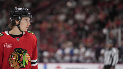 Connor Bedard #98 of the Chicago Blackhawks skates against the Colorado Avalanche during the first period at the United Center on April 02, 2025 in Chicago, Illinois. (Photo by Patrick McDermott/Getty Images)