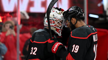 Goaltender Brandon Bussi (32) of the Carolina Hurricanes and Defenseman K'Andre Miller (19) of the Carolina Hurricanes celebrate after game five of the NHL Stanley Cup Final between the Vegas Golden Knights and the Carolina Hurricanes on June 11, 2026 at Lenovo Center in Raleigh, North Carolina. (Photo by Katherine Gawlik/Icon Sportswire via Getty Images)