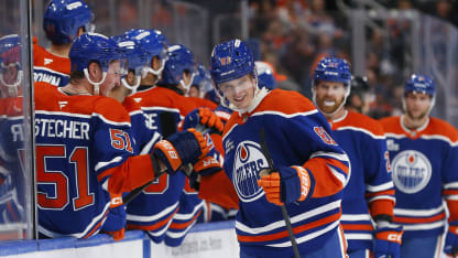 Josh Samanski #81 of the Edmonton Oilers celebrates a goal against the Winnipeg Jets during the first period at Rogers Place on September 26, 2025 in Edmonton, Canada. (Photo by Codie McLachlan/Getty Images)