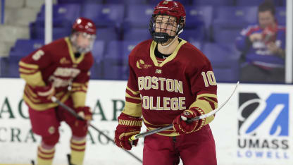 James Hagens #10 of the Boston College Eagles warms up prior to a game against the UMass Lowell River Hawks during NCAA men's hockey at the Tsongas Center on December 5, 2025 in Lowell, Massachusetts. The Eagles won 3-1. (Photo by Richard T Gagnon/Getty Images)