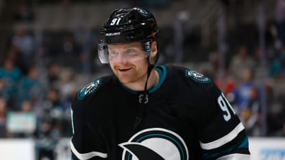 Carl Grundstrom #91 of the San Jose Sharks warms up before the game against the Chicago Blackhawks at SAP Center on March 13, 2025 in San Jose, California. (Photo by Lachlan Cunningham/Getty Images)