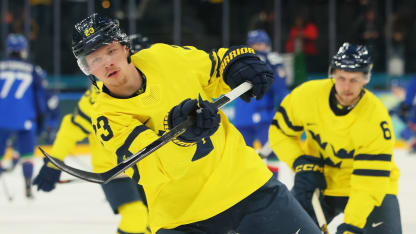 Lucas Raymond #23 of Team Sweden warms up prior to the Men's Preliminary Group B match between Sweden and Italy on day five of the Milano Cortina 2026 Winter Olympic games at Milano Santagiulia Ice Hockey Arena on February 11, 2026 in Milan, Italy. (Photo by Bruce Bennett/Getty Images)