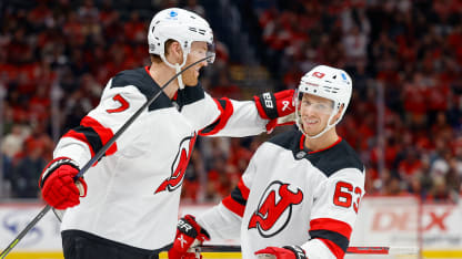 Dougie Hamilton #7 of the New Jersey Devils celebrates a second period goal during a game against the Washington Capitals at Capital One Arena on November 23, 2024 in Washington, D.C. (Photo by John McCreary/NHLI via Getty Images)