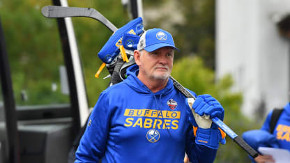 Head coach Lindy Ruff of the Buffalo Sabres arrives for practice prior to the 2024 NHL Global Series Czechia on October 02, 2024 in Prague, Czech Republic. (Photo by Ben Jackson/NHLI via Getty Images)