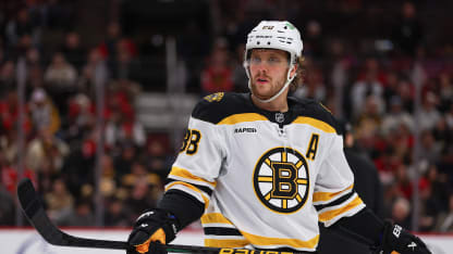 David Pastrnak #88 of the Boston Bruins looks on during the second period against the Chicago Blackhawks on December 4, 2024 at the United Center in Chicago, Illinois. (Photo by Melissa Tamez/Icon Sportswire via Getty Images)