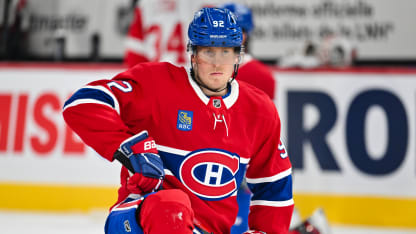 Patrik Laine #92 of the Montreal Canadiens stretches during the warmups prior to the game against the Detroit Red Wings at the Bell Centre on December 21, 2024 in Montreal, Quebec, Canada. The Montreal Canadiens defeated the Detroit Red Wings 5-1. (Photo by Minas Panagiotakis/Getty Images)