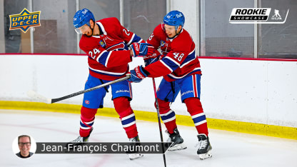 Logan Mailloux and Lane Hutson from the Montreal Canadiens at the NHLPA Rookie Showcase