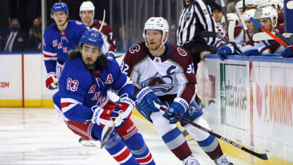 Mika Zibanejad #93 of the New York Rangers skates against Gabriel Landeskog #92 of the Colorado Avalanche at Madison Square Garden on December 08, 2021 in New York City. The Avalanche defeated the Rangers 7-3. (Photo by Bruce Bennett/Getty Images)