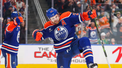 Edmonton Oilers Center Leon Draisaitl (29) celebrates his game winning goal in the third period of the Edmonton Oilers game versus the Anaheim Ducks on January 03, 2025 at Rogers Place in Edmonton, AB. (Photo by Curtis Comeau/Icon Sportswire via Getty Images)