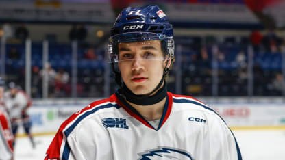 Michael Misa #77 of Saginaw skates over the bench before a game between Windsor Spitfires and Saginaw Spirit at Dow Event Center on February 14, 2025 in Saginaw, Michigan. (Photo by Michael Miller/ISI Photos/Getty Images)