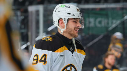 Jakub Lauko #94 of the Boston Bruins skates during warm up prior to the game against the New Jersey Devils at Prudential Center on April 8, 2025 in Newark, New Jersey. (Photo by Rich Graessle/NHLI via Getty Images)