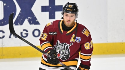 Chicago Wolves center Justin Robidas (93) warms up prior to game two of the AHL Calder Cup Finals between the Toronto Marlies and the Chicago Wolves on June 14, 2026, at the Allstate Arena in Rosemont, IL. (Photo by Patrick Gorski/Icon Sportswire via Getty Images)