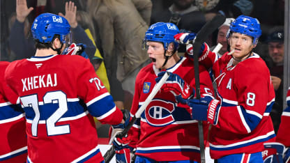 Emil Heineman #51 of the Montreal Canadiens celebrates his goal with teammates Arber Xhekaj #72 and Mike Matheson #8 during the second period against the Pittsburgh Penguins at the Bell Centre on October 14, 2024 in Montreal, Quebec, Canada. The Pittsburgh Penguins defeated the Montreal Canadiens 6-3. (Photo by Minas Panagiotakis/Getty Images)