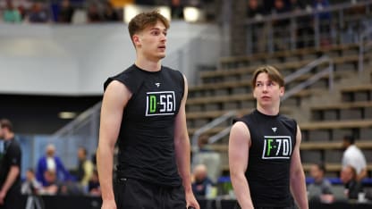 Radim Mrtka #56 and Adam Benak #70 await their turns for testing during the 2025 NHL Scouting Combine at the LECOM Harborcenter on June 7, 2025 in Buffalo, New York. (Photo by Bill Wippert/NHLI via Getty Images)