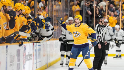 Filip Forsberg #9 of the Nashville Predators celebrates his goal against the Los Angeles Kings during an NHL game at Bridgestone Arena on January 31, 2024 in Nashville, Tennessee. (Photo by John Russell/NHLI via Getty Images)