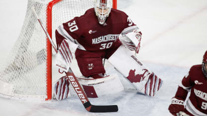 Michael Hrabal #30 of the Massachusetts Minutemen tends goal against the UMass Lowell River Hawks during the third period during NCAA men's hockey at the Tsongas Center on March 1, 2024 in Lowell, Massachusetts. The Minutemen won 2-1 in overtime. (Photo by Richard T Gagnon/Getty Images)