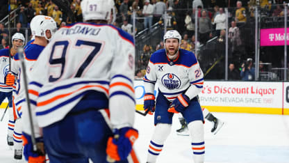 Leon Draisaitl #29 of the Edmonton Oilers celebrates with teammates after scoring the game-winning goal to defeat the Vegas Golden Knights in overtime of Game Two of the Second Round of the 2025 Stanley Cup Playoffs at T-Mobile Arena on May 08, 2025 in Las Vegas, Nevada. (Photo by Jeff Bottari/NHLI via Getty Images)