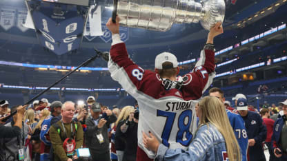 Nico Sturm #78 of the Colorado Avalanche holds the Stanley Cup following their victory over the Tampa Bay Lightning in Game Six of the 2022 NHL Stanley Cup Final at Amalie Arena on June 26, 2022 in Tampa, Florida. (Photo by Bruce Bennett/Getty Images)