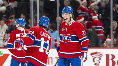 Juraj Slafkovsky #20 of the Montreal Canadiens smiles after a goal during the first period of the NHL regular season game between the Montreal Canadiens and the Detroit Red Wings at the Bell Centre on December 21, 2024 in Montreal, Quebec, Canada. (Photo by Laurent Corbeil/NHLI via Getty Images)