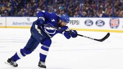 Victor Hedman #77 of the Tampa Bay Lightning looks to shoot the puck during the second period against the Vegas Golden Knights at Amalie Arena on October 17, 2024 in Tampa, Florida. (Photo by Douglas P. DeFelice/Getty Images)