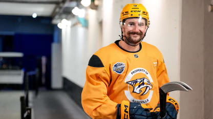 Filip Forsberg #9 of the Nashville Predators smiles as he walks to the ice for practice in Hovet Arena in Stockholm, Sweden on November 12, 2025. The Nashville Predators will face the Pittsburgh Penguins in the 2025 Global Series Sweden games on November 14th and 16th.(Photo by John Russell/NHLI via Getty Images)